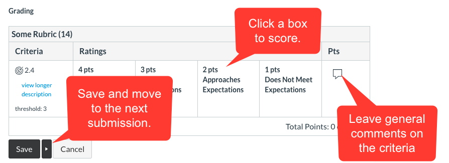 A screenshot of a rubric ready to score in Canvas. Teachers can click a box to score the criteria. A comment tool is available for each criteria on the rubric.