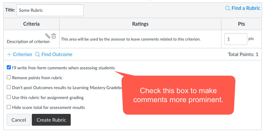 A screenshot showing where to check the free-form comment option on a Canvas rubric.