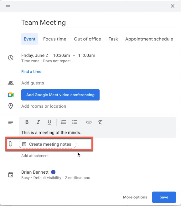 The Google Calendar event popup. A red box marks where to click to create meeting notes for a calendar event.