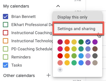 A screenshot of the Google Calendar context menu. A red box is around the "settings and sharing" option.