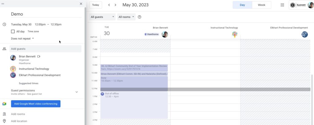 A screenshot of the "Find a time" screen in Google Calendar. Three individuals are shown. The first individual does not have any time to meet on the date selected.